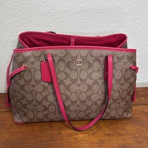 Set Of Coach Bag/Wallet Carryall Drawstring Brown and Red Signature Tote.